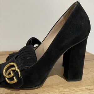 Gucci fringe marmont pumps Women's Black Suede Heels with Gold Accent